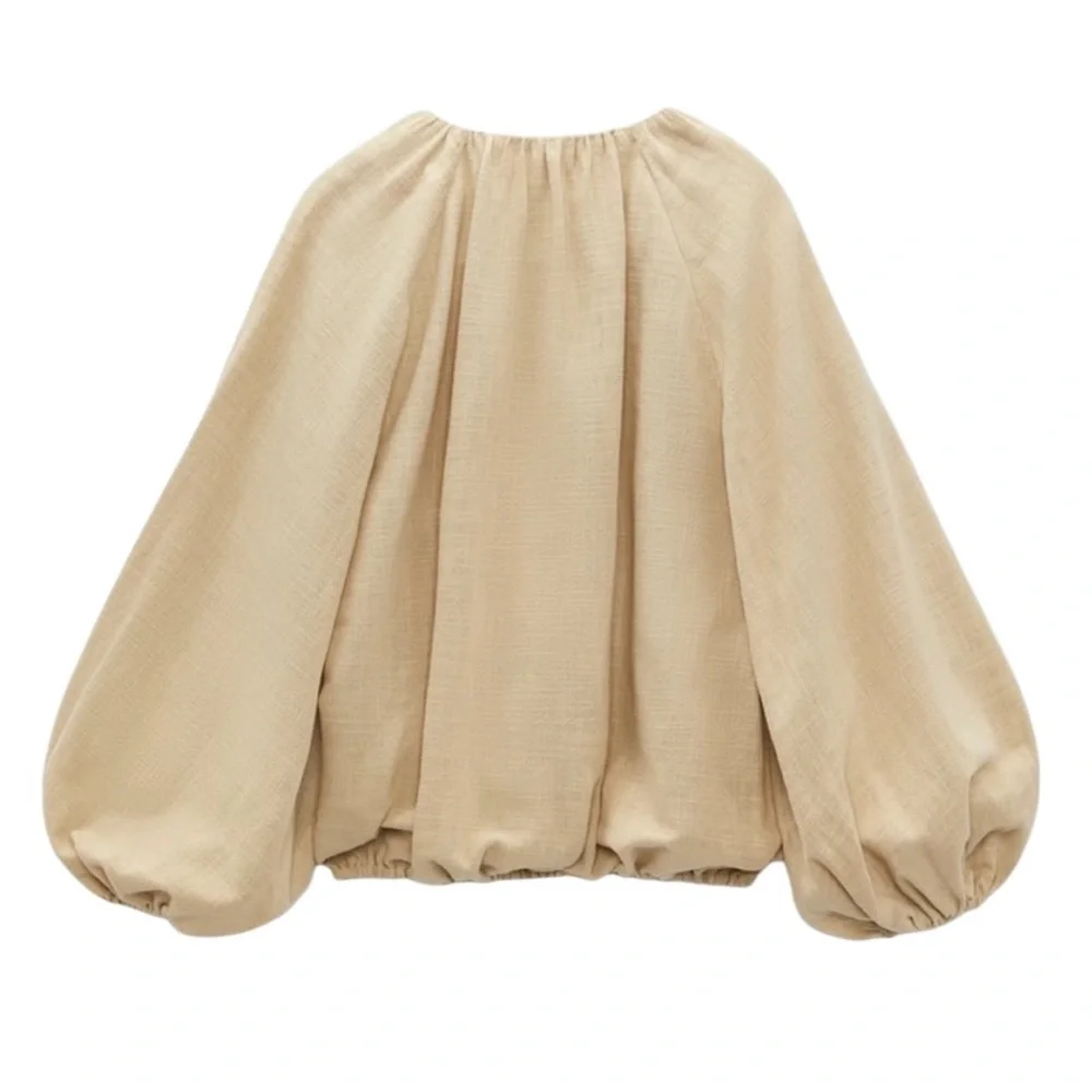 LN Zara Beige Shell Button Puff Sleeve Blouson Balloon Cropped Top Blouse - M